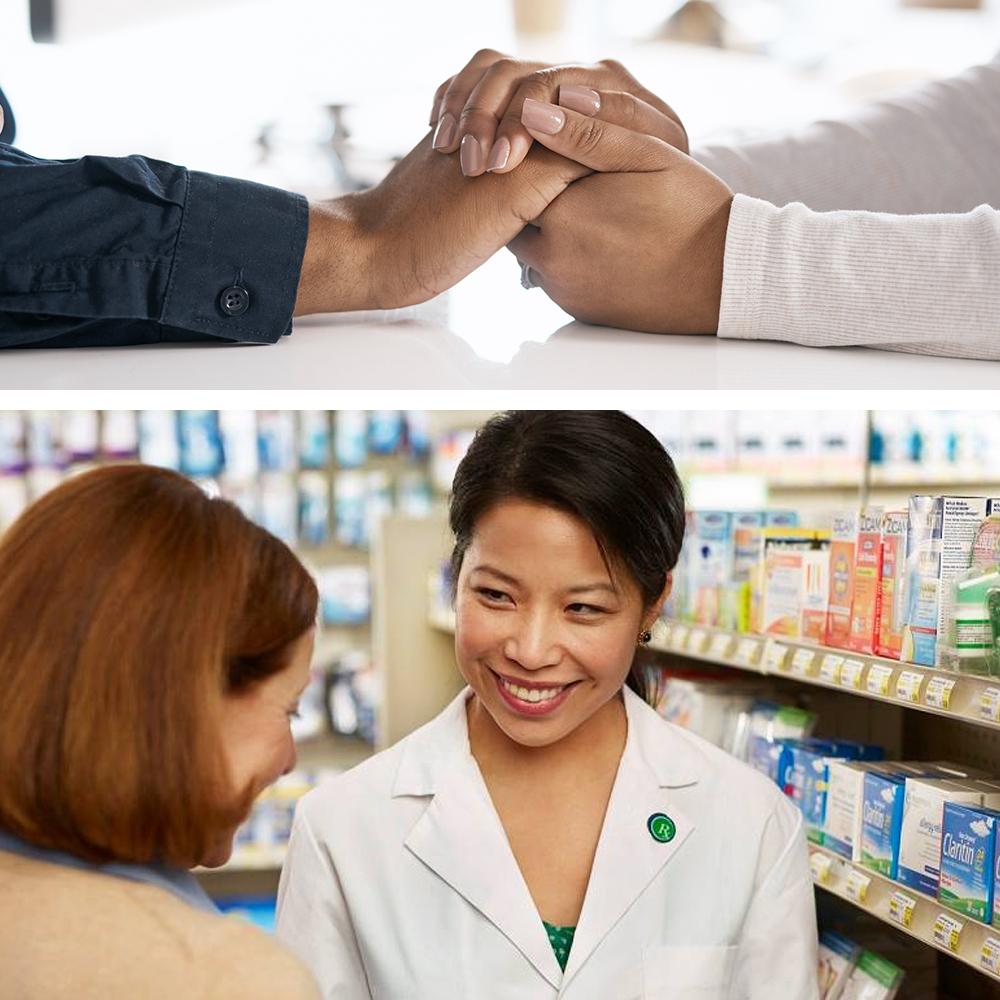 Top image shows doctor comforting patient with their hands, bottom image shows pharmacist talking to a customer